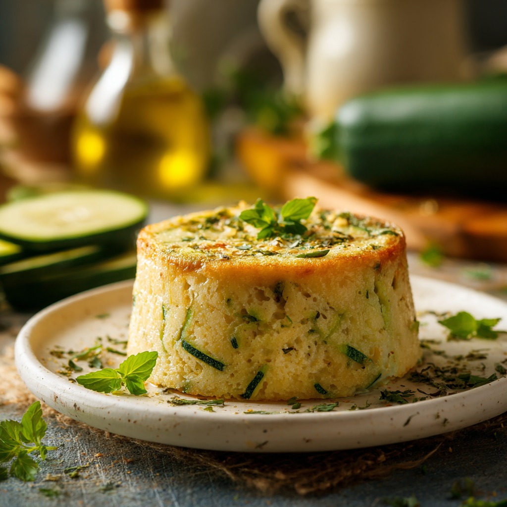 Flan de courgettes doré et moelleux, garni d’herbes fraîches.