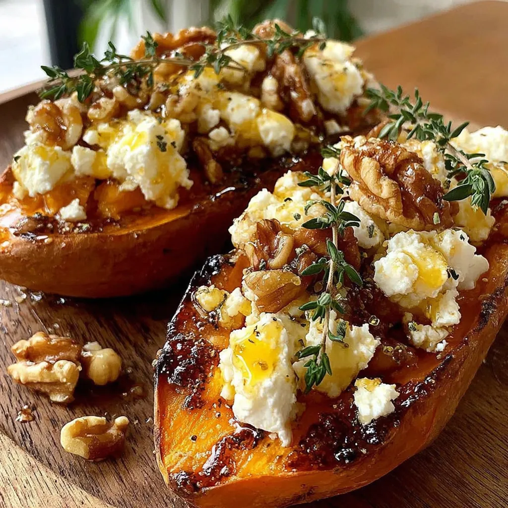Patates Douces Rôties au Chèvre et Miel : La Recette Ultime 4 Patates douces rôties au chèvre et au miel, garnies d'herbes et de noix.