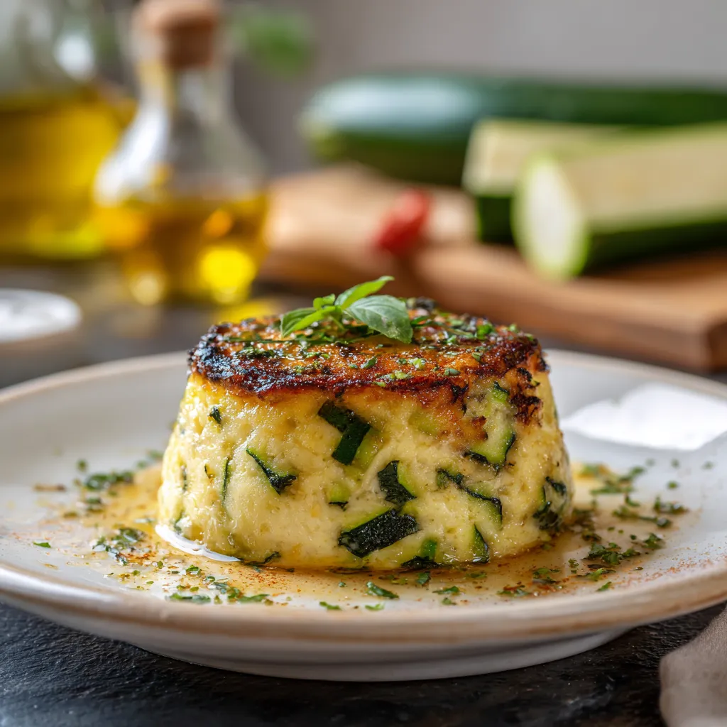 Flan de courgettes doré et moelleux, garni d’herbes fraîches, servi sur une assiette rustique à la lumière naturelle.