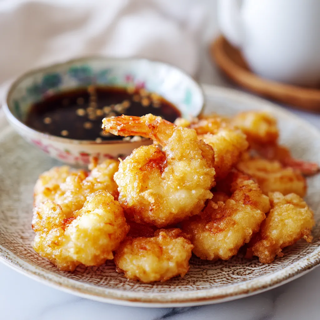 Tempura de Crevettes: Le Secret d'un Croustillant Magique 4 Tempura de crevettes croustillantes servies avec sauce tentsuyu.
