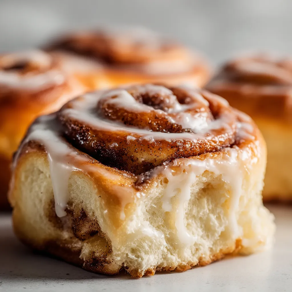 Gros plan de roulés à la cannelle dorés et moelleux, nappés d’un glaçage fondant.