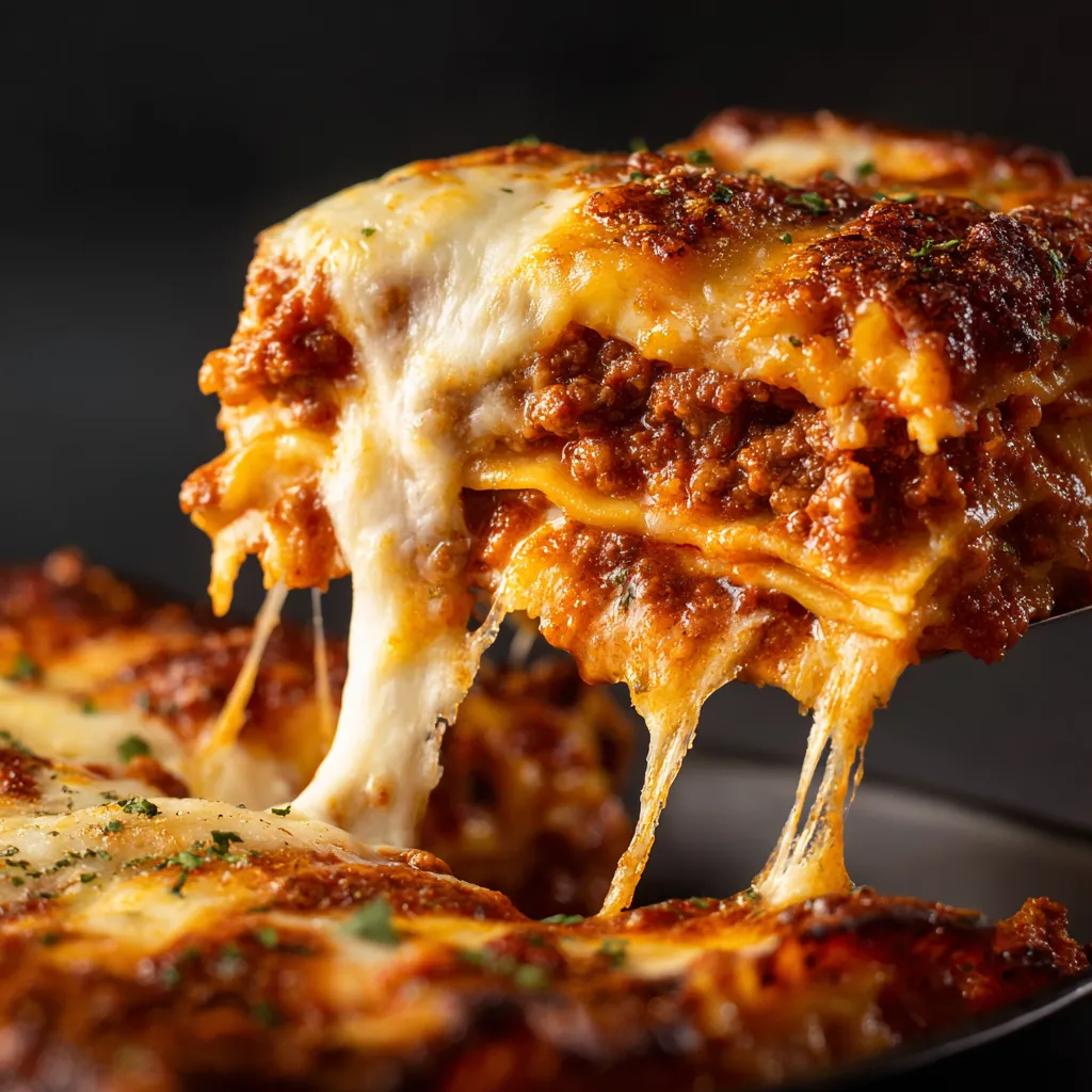Lasagnes à la bolognaise maison avec sauce riche et fromage gratiné.