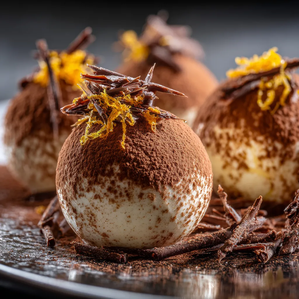 Spectaculaire Tiramisu en Sphère : Une Recette Unique 4 Tiramisu en sphère gourmand et moderne, dessert italien revisité au mascarpone, décoré de cacao et chocolat