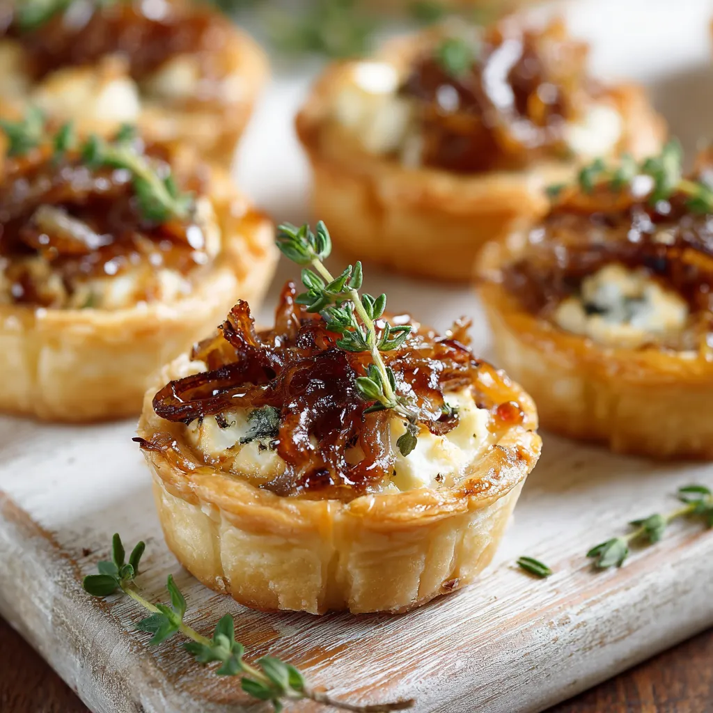 Irrésistibles Mini Tartelettes Chèvre Miel & Oignon Caramélisé 2 Mini tartelettes au chèvre miel avec oignons caramélisés sur planche rustique, garnies de thym frais