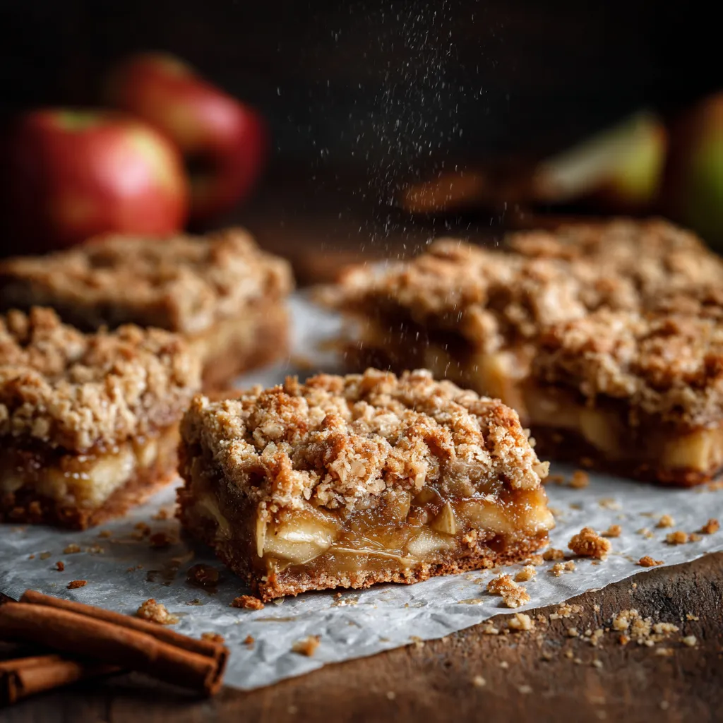 Barres crumble pomme avoine dorées, garnies de pommes fondantes et d’avoine croustillante, sur papier cuisson avec éclats de crumble.
