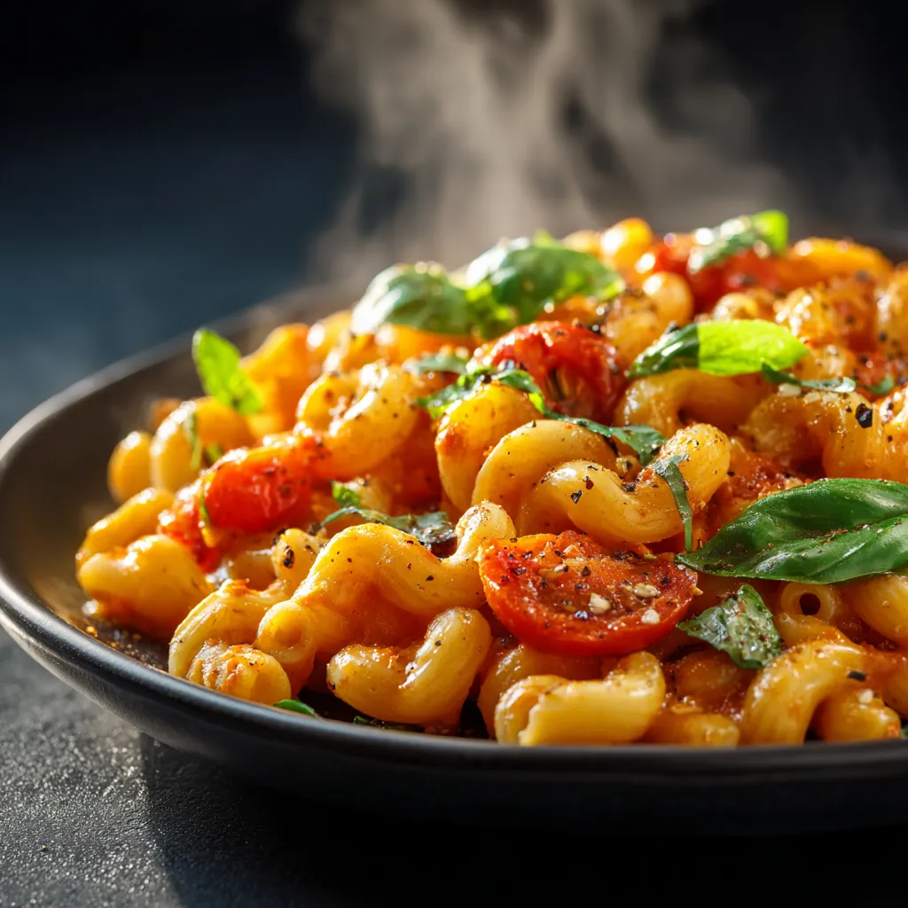 Gros plan de pâtes végétaliennes crémeuses à la tomate avec basilic frais.
