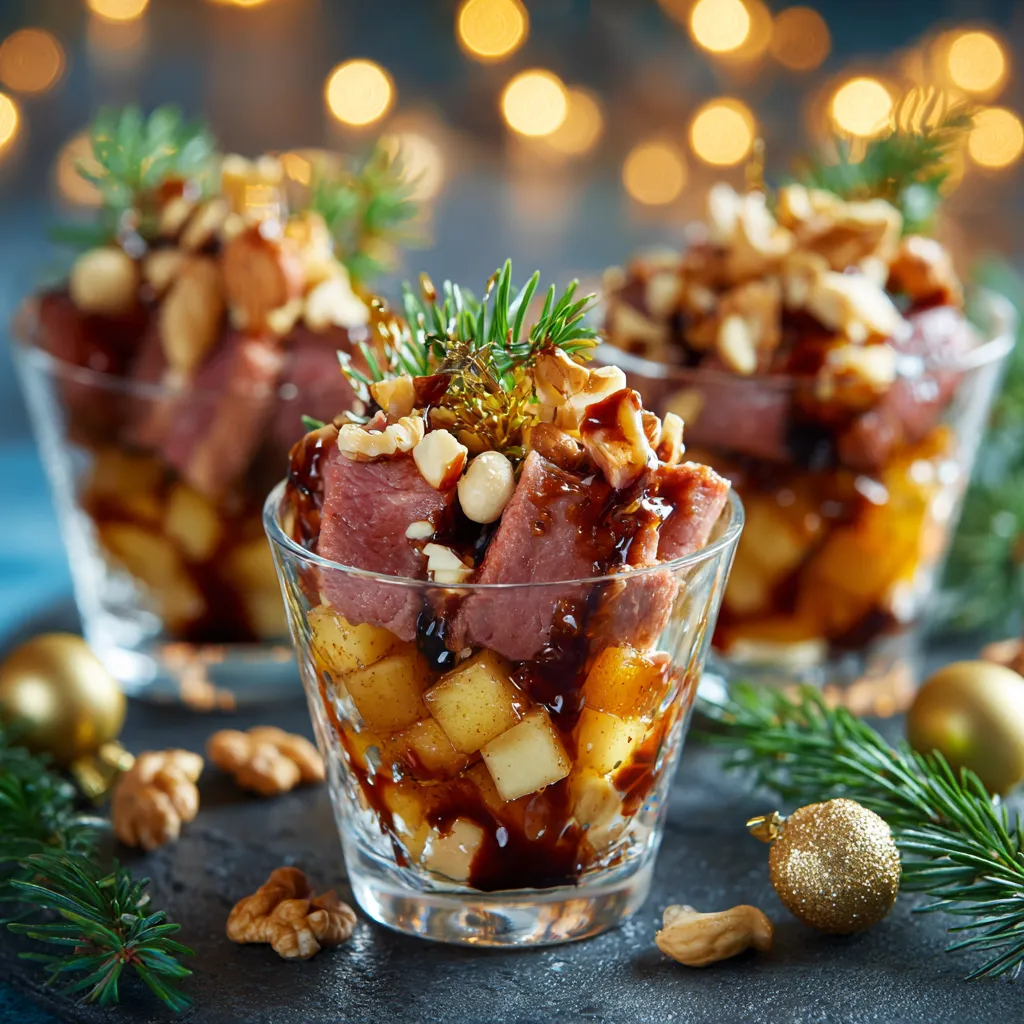 Verrines de Noël avec compotée de pommes et magret de canard fumé.