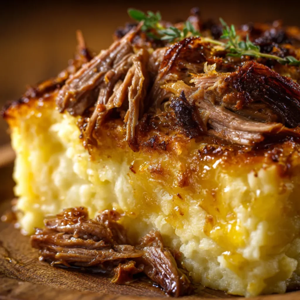 Parmentier de confit de canard avec purée dorée, effiloché de canard juteux et croûte croustillante, gros plan gourmand