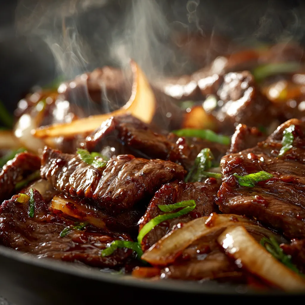 Boeuf sauté aux oignons juteux avec sauce soja brillante et oignons caramélisés en gros plan