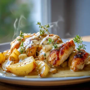 Poulet crémeux aux pommes et au cidre.