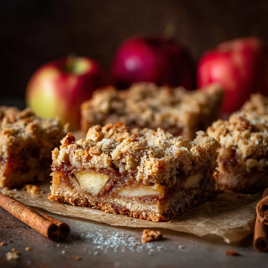 Barres crumble pomme avoine dorées, garnies de pommes fondantes et d’avoine croustillante, sur papier cuisson.