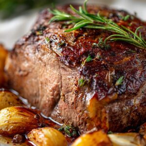 Gros plan d’un rôti de bœuf juteux et caramélisé, sorti du four, entouré de pommes de terre dorées et d’herbes fraîches.