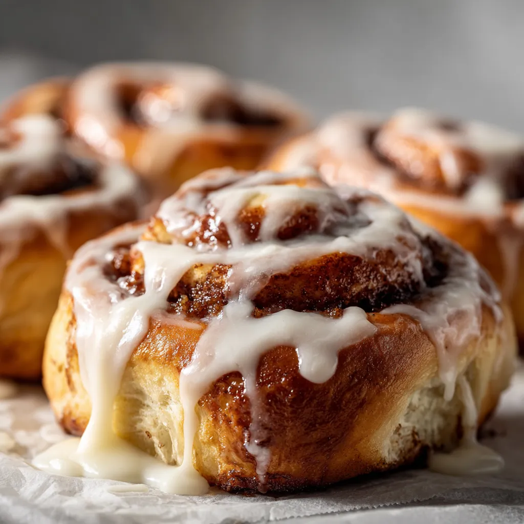 Gros plan de roulés à la cannelle dorés et moelleux, nappés d’un glaçage fondant, sur une table en bois rustique, avec vapeur et lumière.