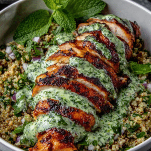 Bowl Poulet Chimichurri Ail: Un plat généreux de poulet doré, nappé d'une sauce onctueuse aux champignons.