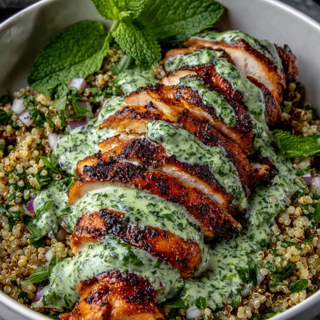 Bowl Poulet Chimichurri Ail: Un plat généreux de poulet doré, nappé d'une sauce onctueuse aux champignons.