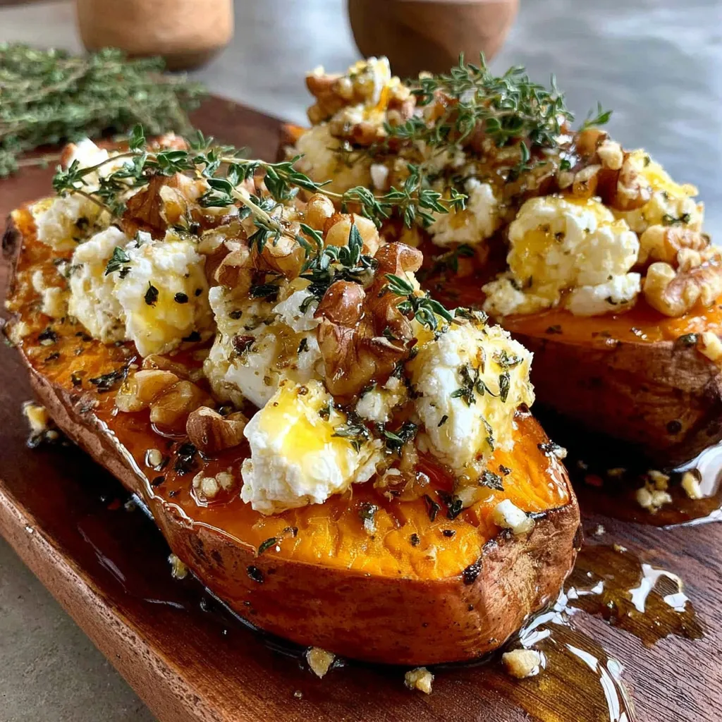 Patates Douces Rôties au Chèvre et Miel : La Recette Ultime 2 Gros plan appétissant de patates douces rôties au chèvre et au miel, garnies de noix et de thym frais sur une planche.