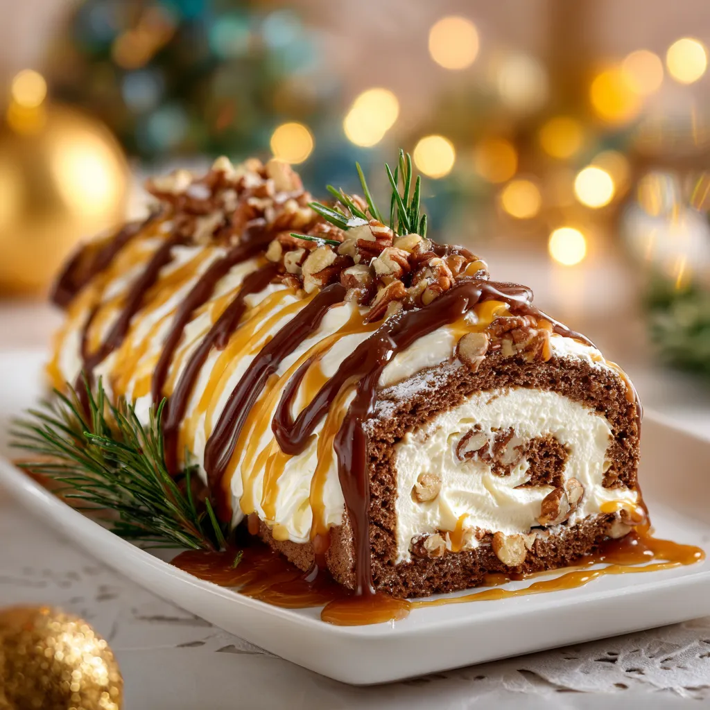 Bûche de Noël Vanille Caramel Pécan zoomée, nappée de caramel doré et garnie de noix de pécan croquantes.