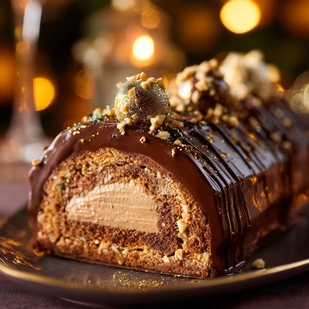 Gros plan gourmand d’une bûche de Noël au chocolat et praliné avec glaçage miroir brillant.
