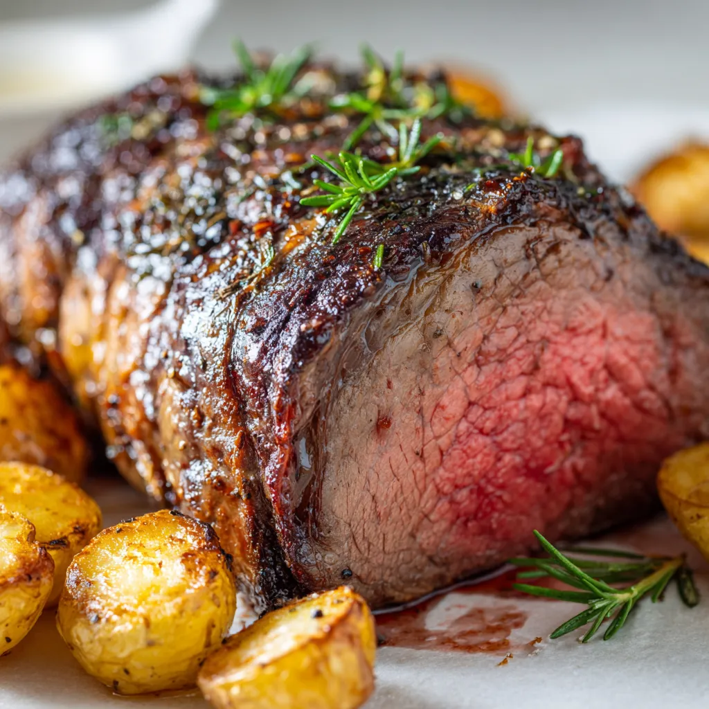 Gros plan d’un rôti de bœuf juteux et caramélisé, sorti du four, entouré de pommes de terre dorées et d’herbes fraîches, sur une table rustique.