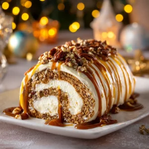 Bûche de Noël Vanille Caramel Pécan zoomée, nappée de caramel doré et garnie de noix de pécan croquantes, sur une table de fête décorée.