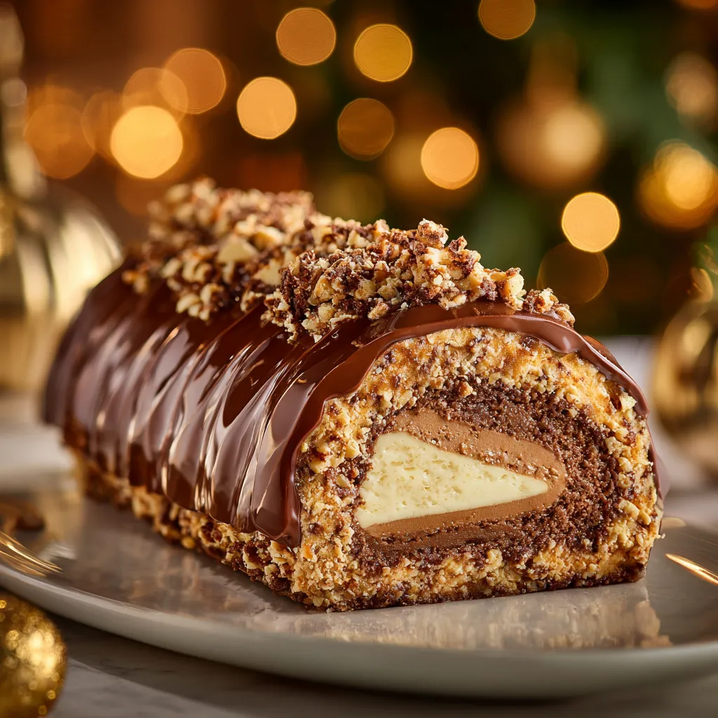 Gros plan gourmand d’une bûche de Noël au chocolat et praliné avec glaçage miroir brillant, ganache onctueuse et croustillant praliné.
