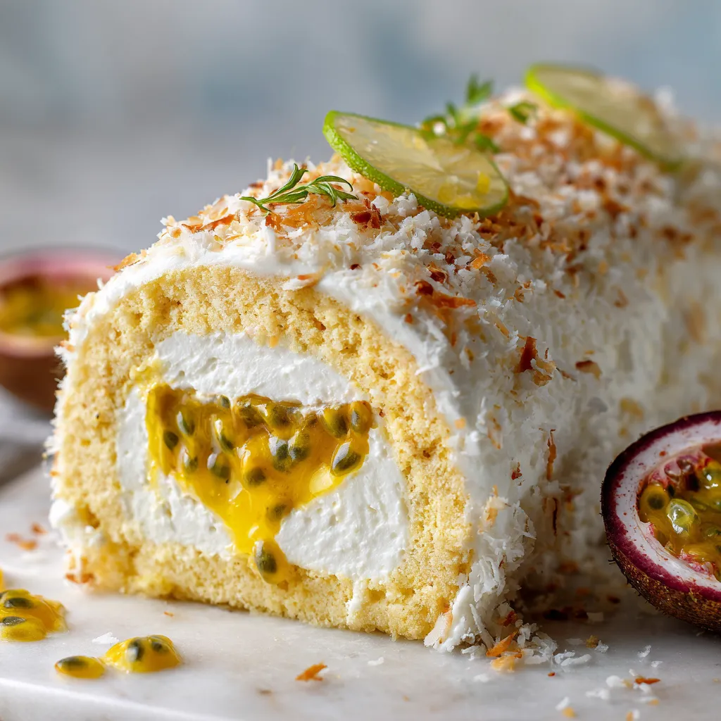 L'Ultime Bûche Coco Passion et Citron Vert Facile 2 Bûche exotique à la noix de coco, au fruit de la passion et au citron vert, décorée de zestes et de copeaux de coco, dessert tropical frais et gourmand.