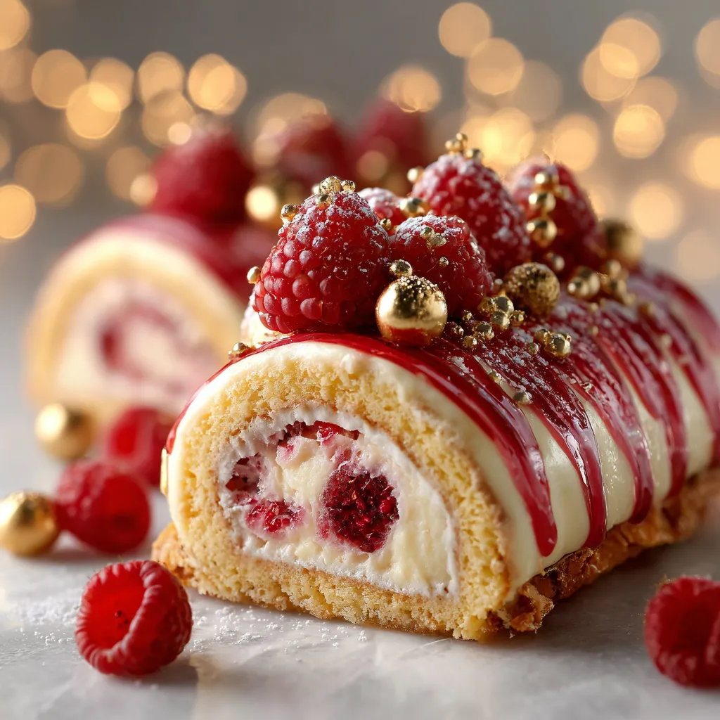 L'Incroyable Bûche Vanille & Framboise 3 Bûche de Noël Vanille et Framboise nappée d’un glaçage miroir rouge brillant, décorée de framboises fraîches.