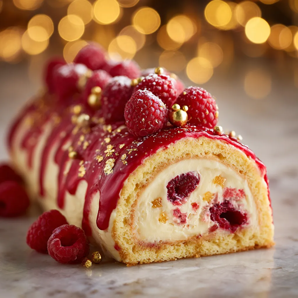 L'Incroyable Bûche Vanille & Framboise 4 Bûche de Noël Vanille et Framboise nappée d’un glaçage miroir rouge brillant, décorée de framboises fraîches et perles dorées.