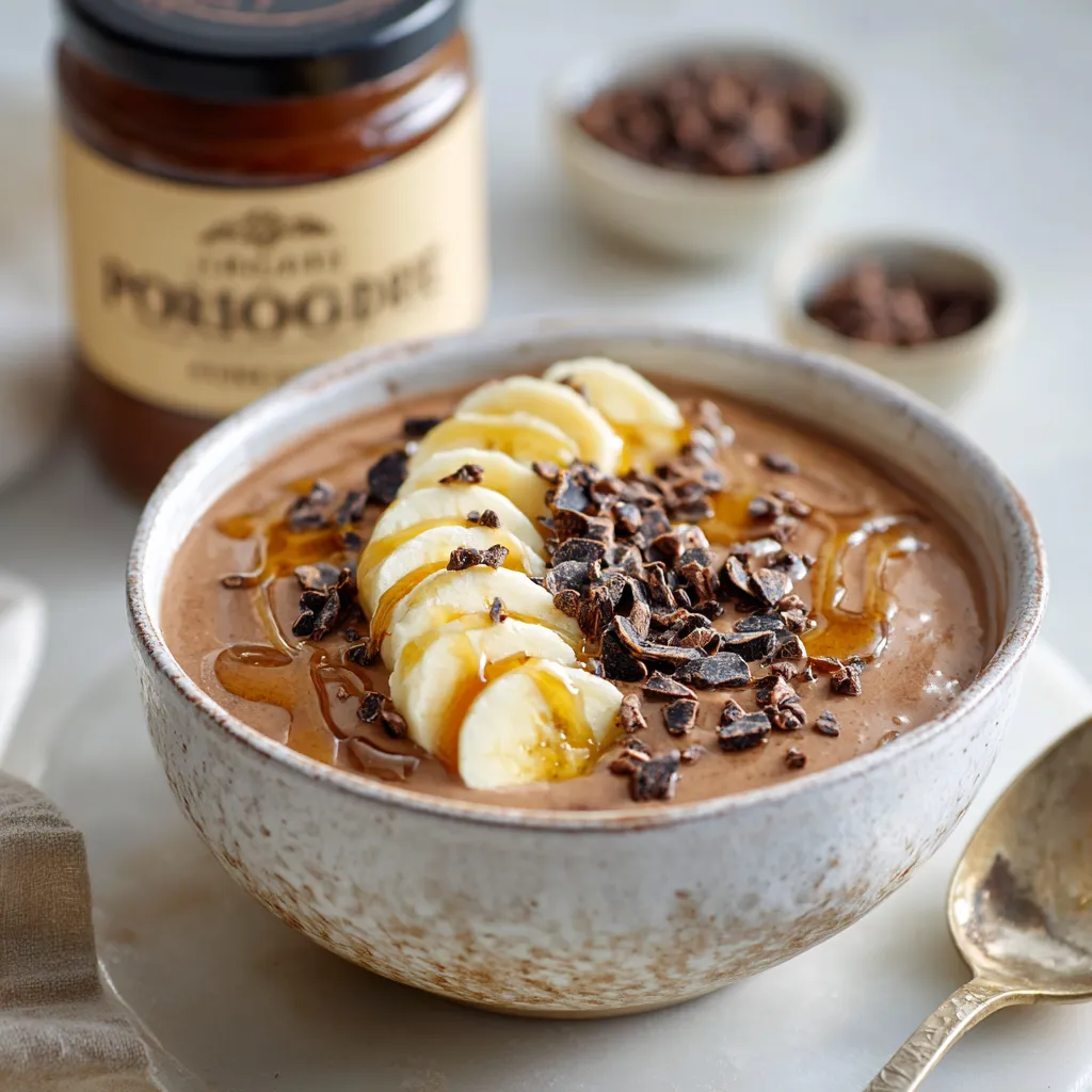Bol de porridge au chocolat sans gluten crémeux, garni de tranches de banane, éclats de cacao et filet de sirop d’érable sur une table en bois rustique, ambiance chaleureuse.