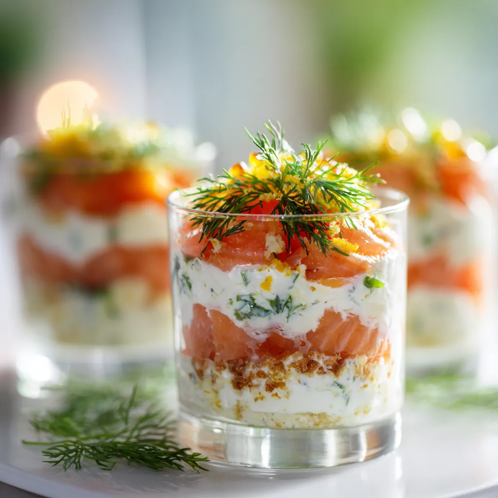 Verrine de Saumon Fumé et St Môret : Effet Waouh Garanti 4 Verrine de saumon fumé et St Môret crémeuse, décorée d’aneth frais et de zeste de citron, servie dans un verre transparent sur une table en bois, photo gourmande et appétissante.