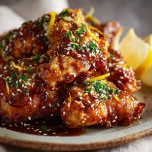 Poulet croustillant au miel et au citron doré et juteux.