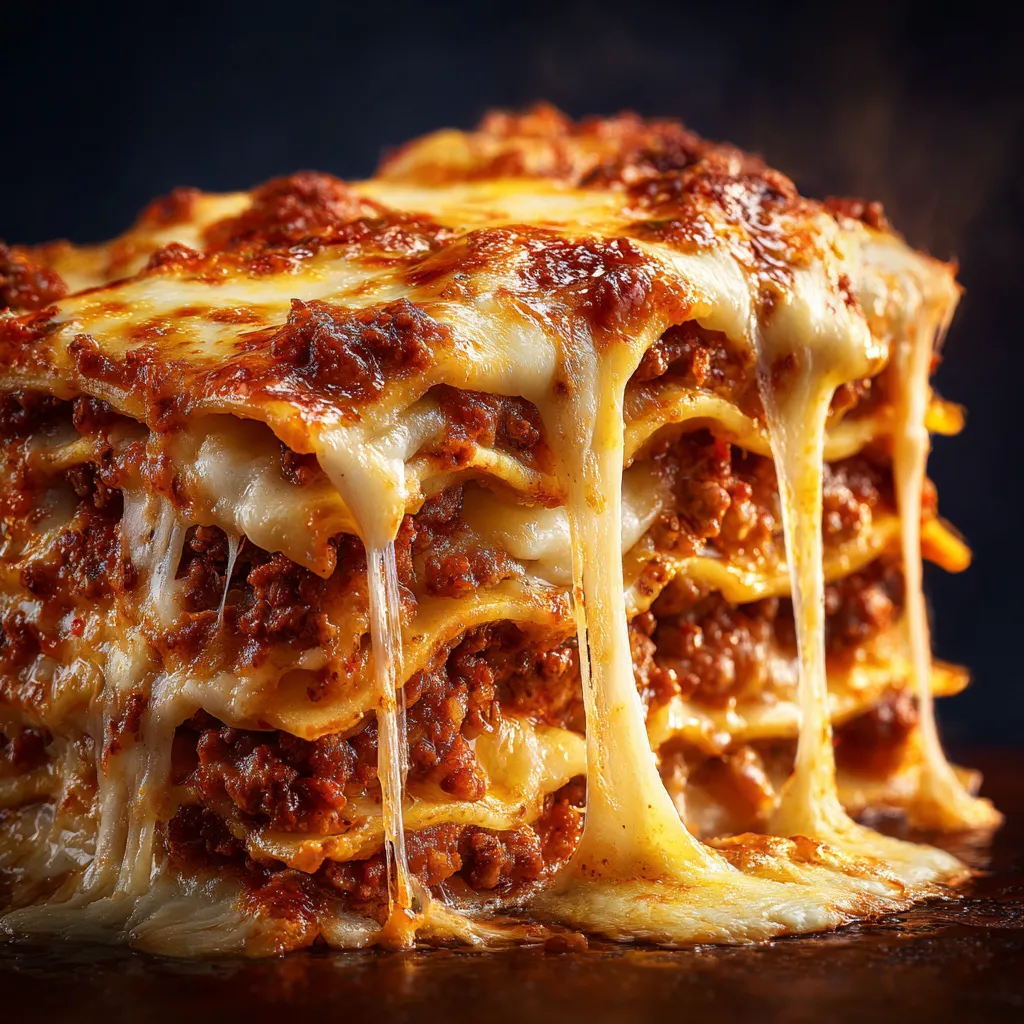 Lasagnes à la bolognaise maison avec sauce riche et fromage gratiné fondant.