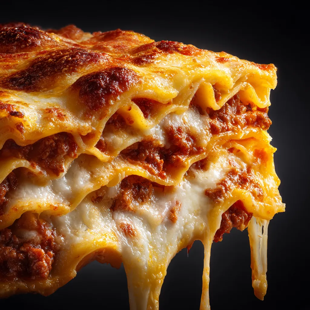 Lasagnes à la bolognaise maison avec sauce riche et fromage gratiné fondant, vue rapprochée appétissante