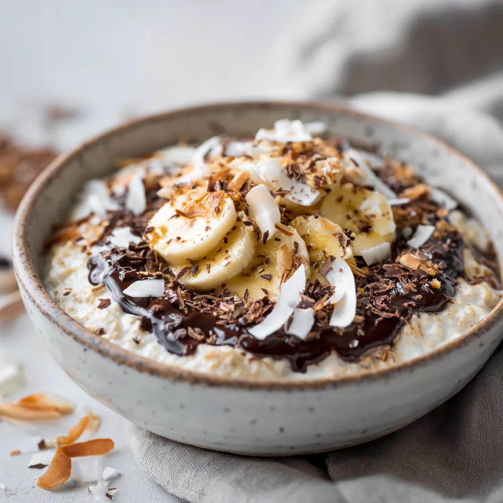 Porridge façon Bounty crémeux au chocolat noir et à la noix de coco, garni de copeaux grillés et de banane sur fond en bois rustique