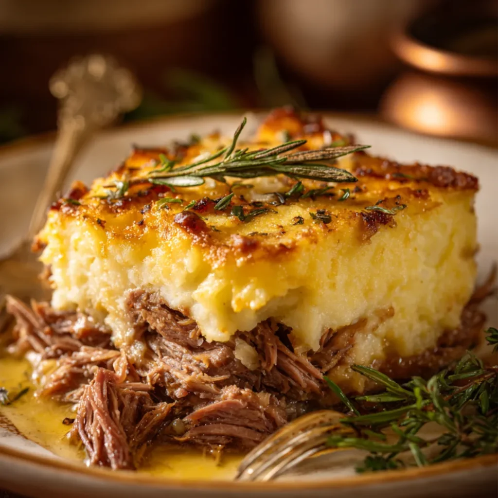 Parmentier de confit de canard avec purée dorée, effiloché de canard juteux.