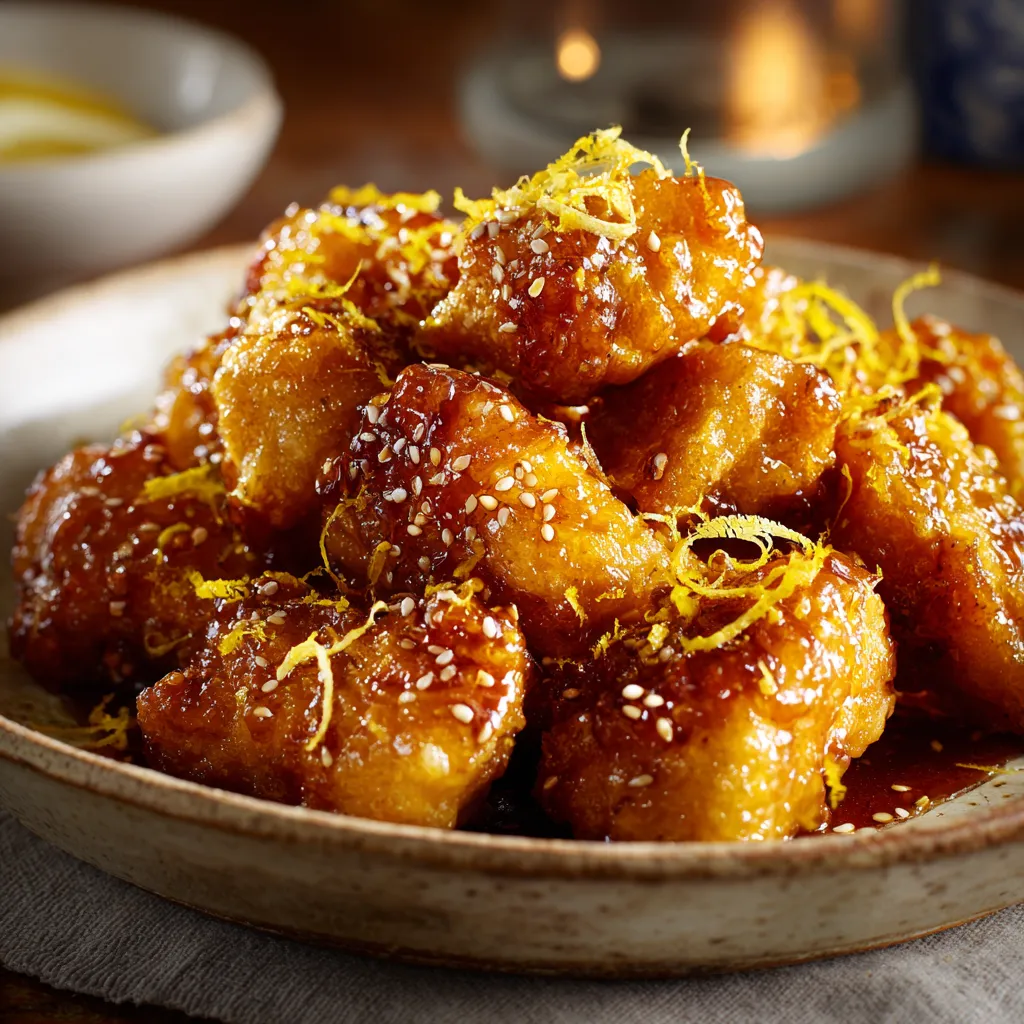 Poulet croustillant au miel et au citron doré et juteux, nappé d’une sauce brillante et parsemé de zestes.