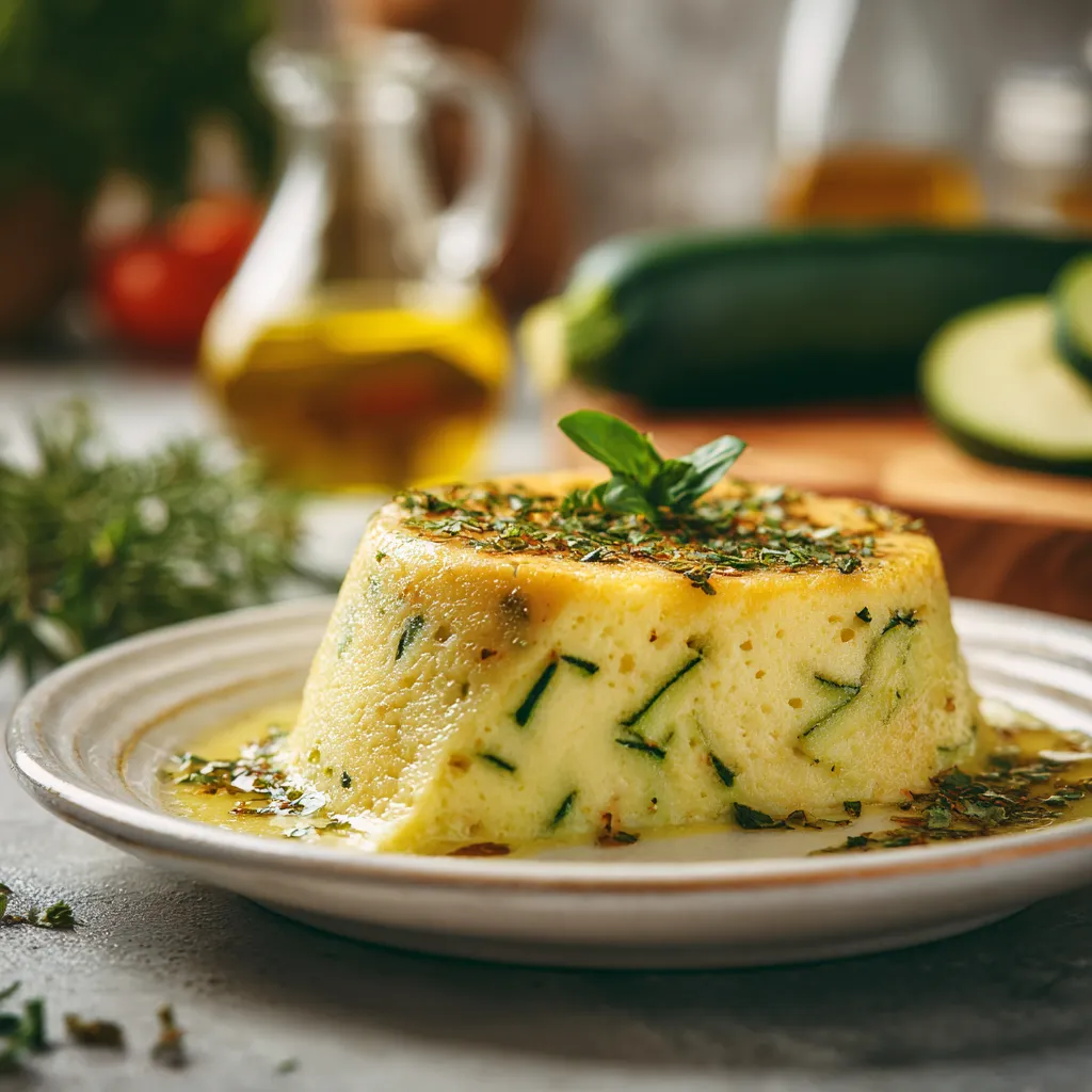 Flan de courgettes doré et moelleux, garni d’herbes fraîches, servi sur une assiette rustique.