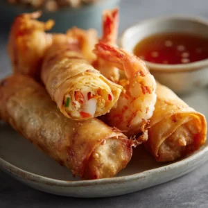 La Recette Simple des Rouleaux de Crevettes Croustillants 5 rouleaux de crevettes croustillants dorés à souhait, servis avec une sauce aigre-douce.
