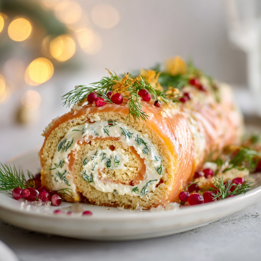 L'Ultime Bûche au Saumon & Fromage Frais Facile 4 Gros plan gourmand d’une bûche au saumon fumé et fromage frais, garnie d’aneth et de zestes de citron, sur une assiette blanche, photo appétissante et lumineuse.