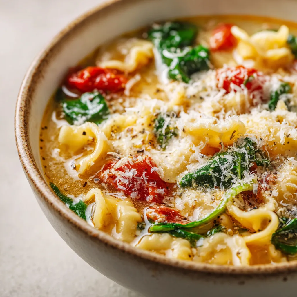 Soupe crémeuse italienne servie dans un bol rustique, avec pâtes, tomates, épinards et parmesan fondant.