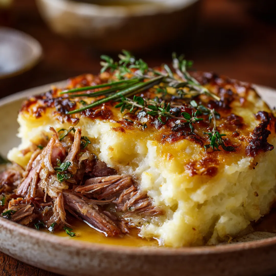 Parmentier de confit de canard avec purée dorée, effiloché de canard juteux et croûte croustillante, gros plan gourmand.