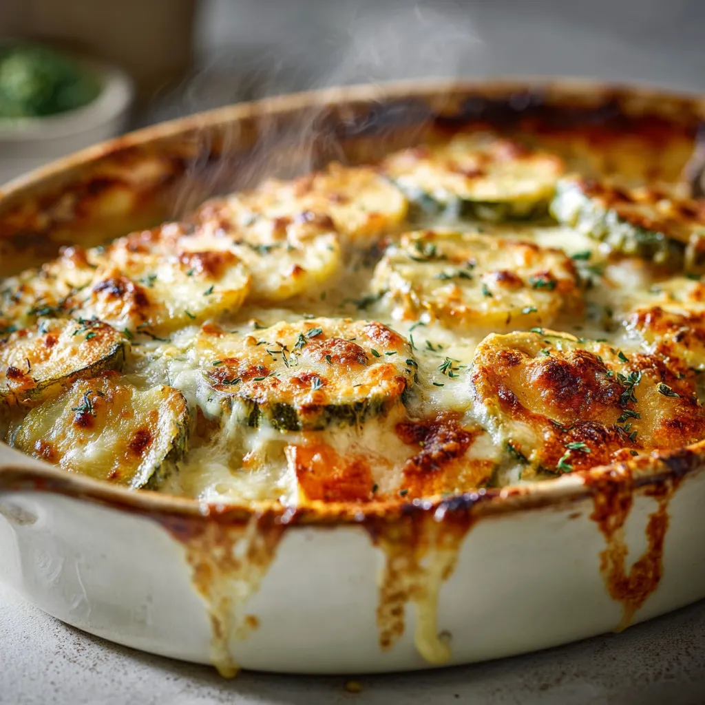 Gros plan appétissant d’un gratin aux trois légumes, pommes de terre, carottes et courgettes, avec une croûte dorée et croustillante, sortant du four, vapeur visible et lumière naturelle chaude.