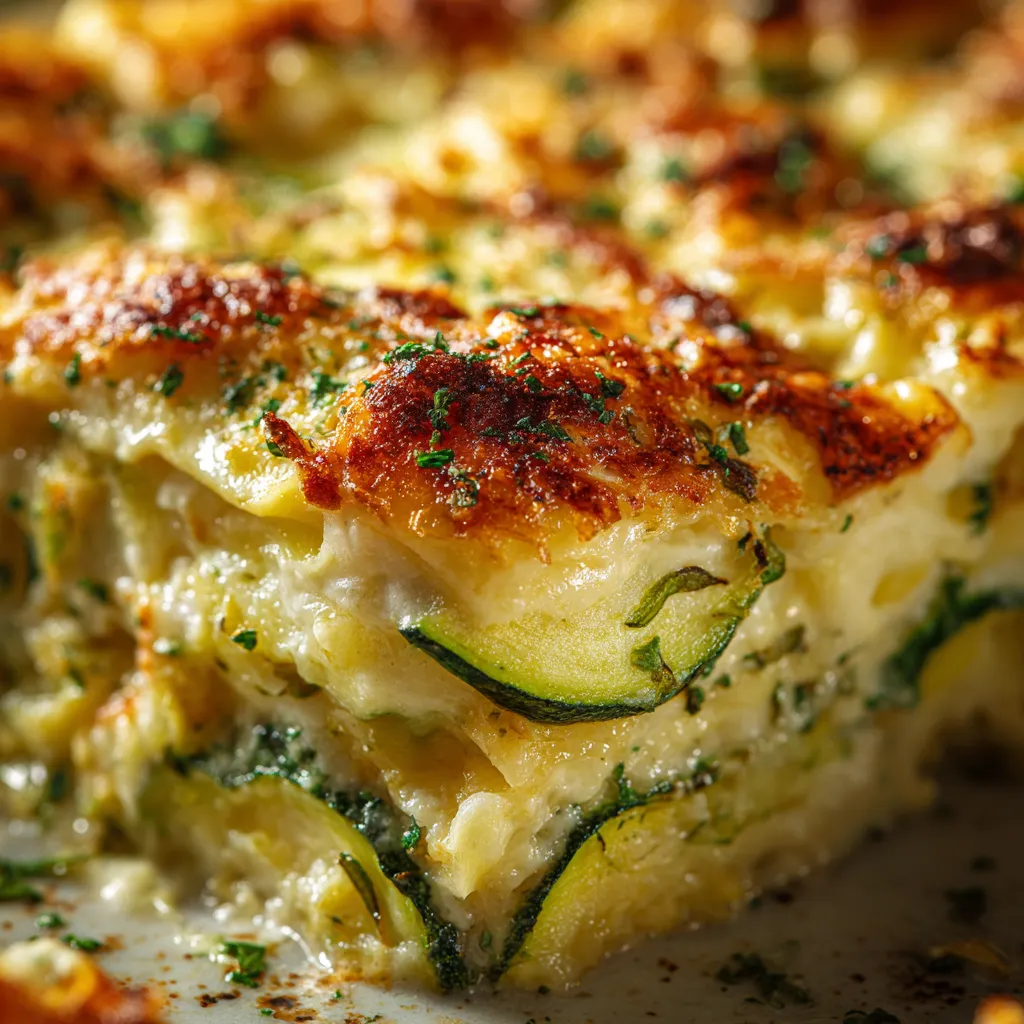 Lasagnes courgettes feta en gros plan, gratin doré, fromage fondant et courgettes juteuses, vue macro appétissante.