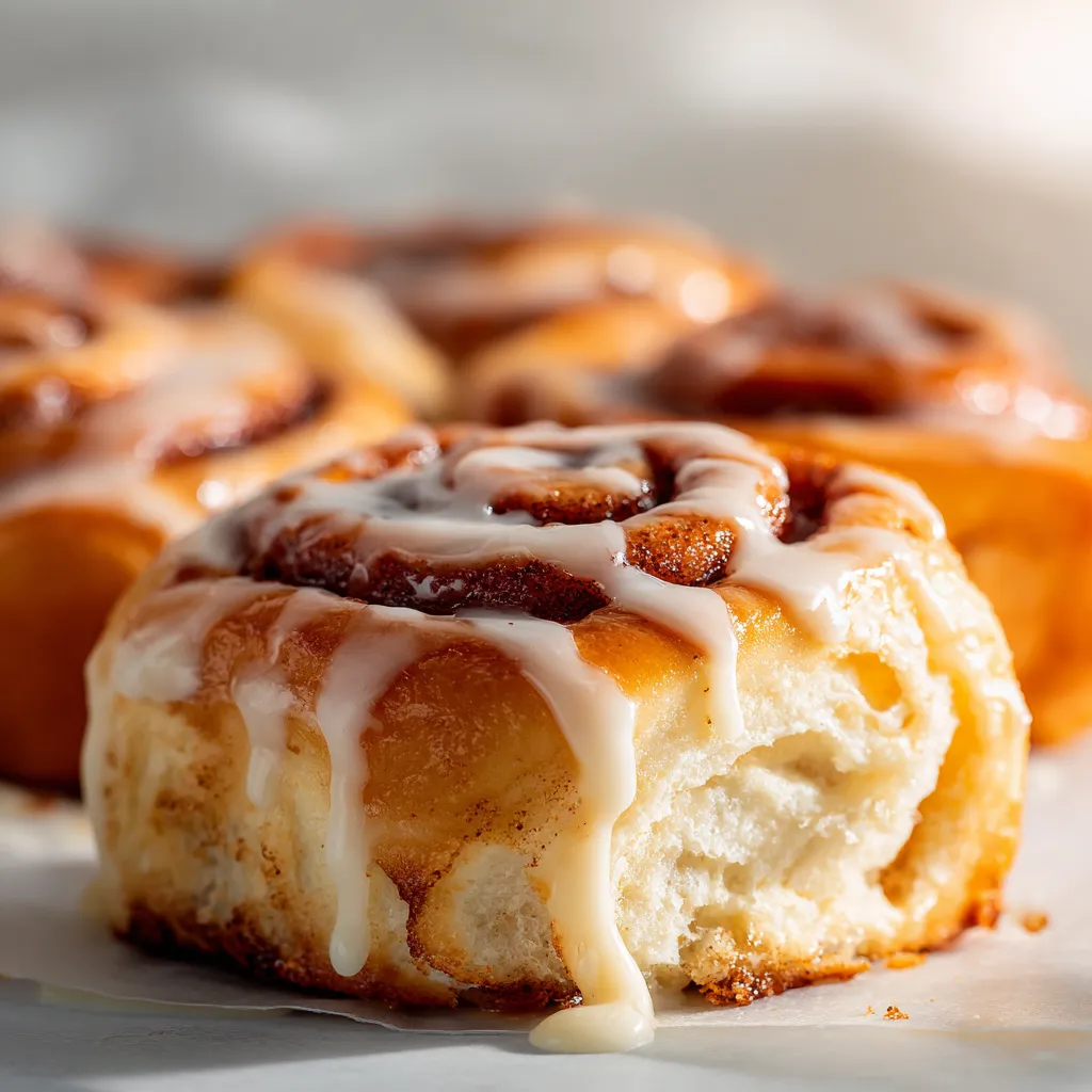 Gros plan de roulés à la cannelle dorés et moelleux, nappés d’un glaçage fondant, sur une table en bois rustique, avec vapeur et lumière naturelle chaleureuse.