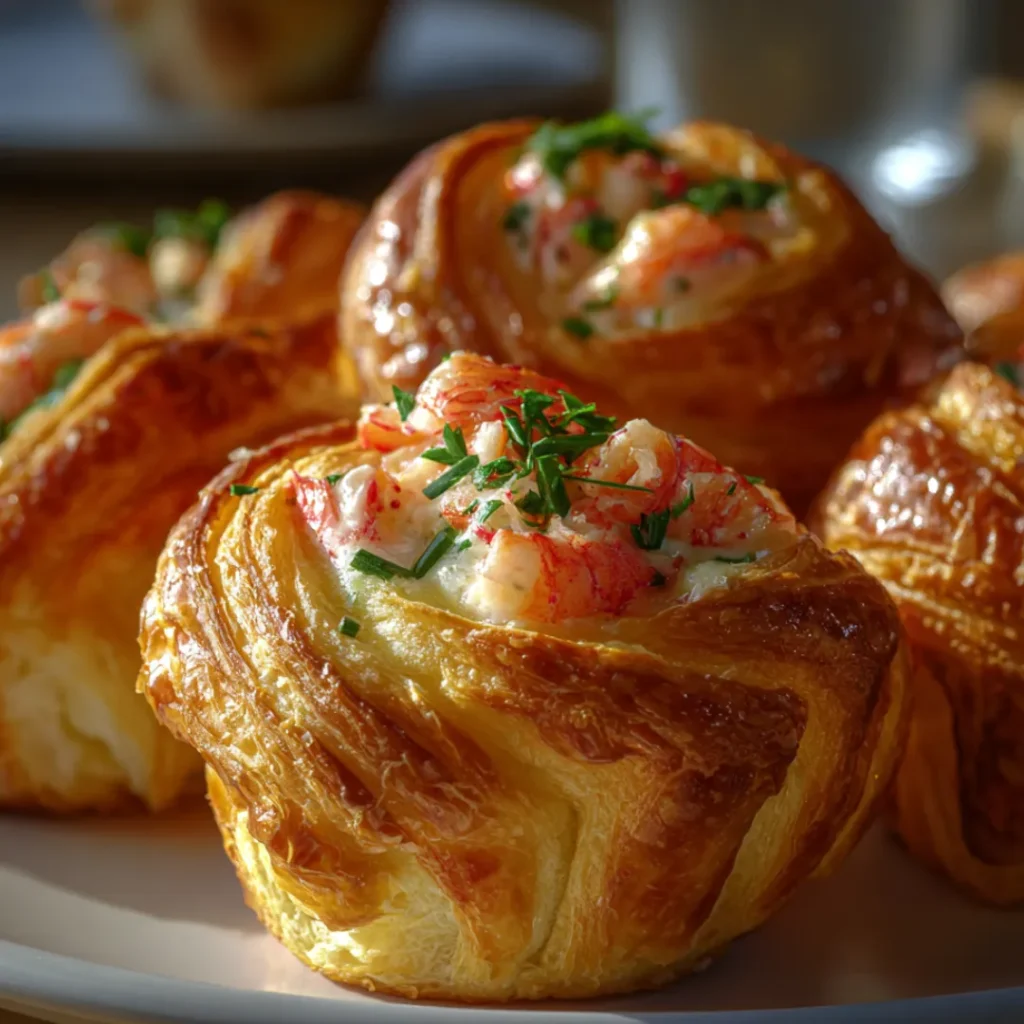 Gros plan de feuilletés aux crevettes dorés et croustillants, garnis de crevettes juteuses et d’herbes fraîches, sur une planche en bois, éclairage chaud naturel.