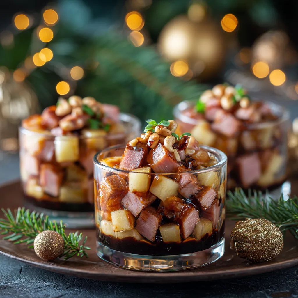 Verrines de Noël avec compotée de pommes et magret de canard fumé, décor festif et ambiance gourmande