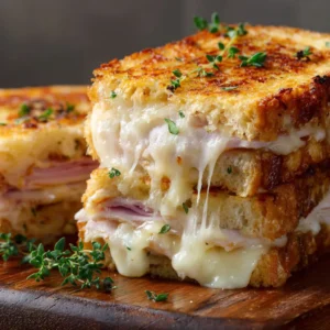 Croque-Monsieur doré et croustillant, garni de fromage fondant et de dinde, photographié en gros plan.