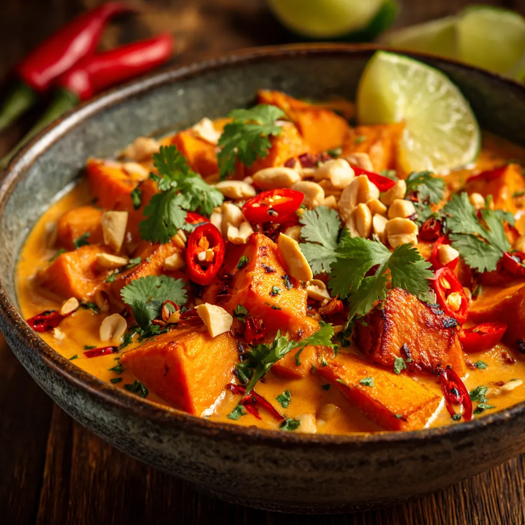 Bol de patates douces thaï aux cacahuètes avec sauce au lait de coco, coriandre fraîche, cacahuètes concassées et quartier de citron.