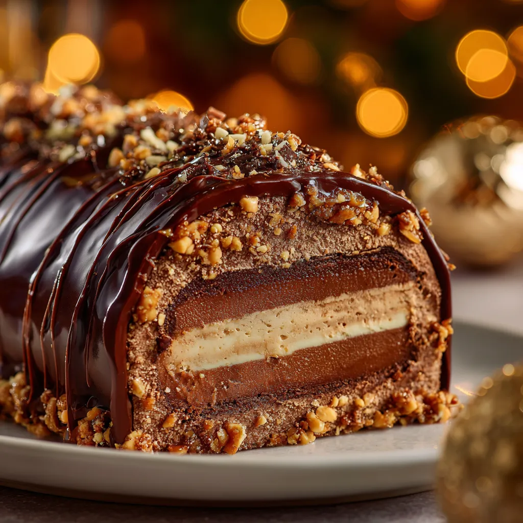Gros plan gourmand d’une bûche de Noël au chocolat et praliné avec glaçage miroir brillant, ganache onctueuse et croustillant praliné sur une table festive.