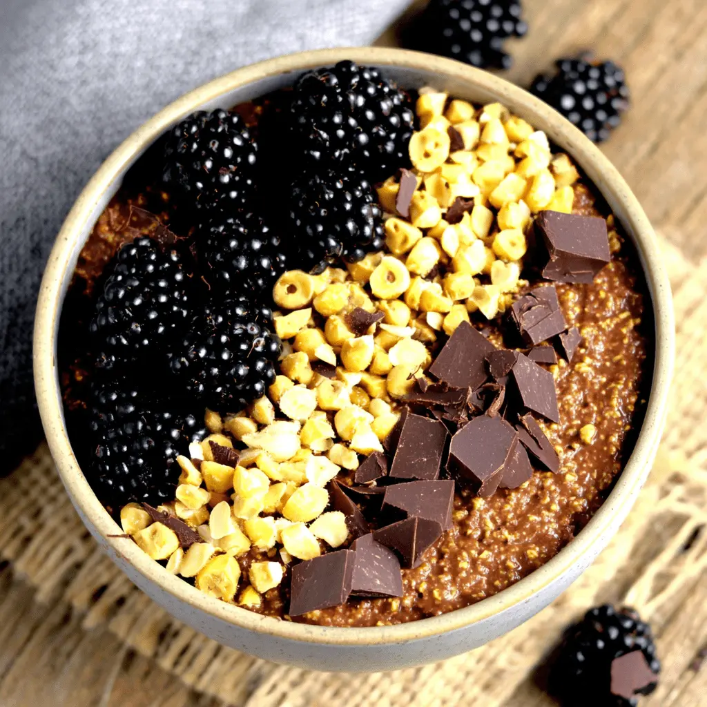 Overnight porridge au chocolat garni de mûres, noisettes et pépites de chocolat pour un petit-déjeuner sain.